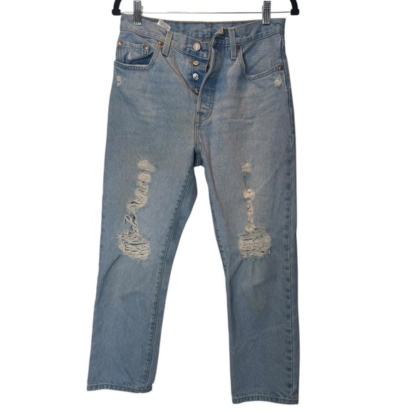Levi’s 501 Distressed Button Fly Jeans Size 27 | Light Wash High Rise Inseam 26 - Picture 1 of 3